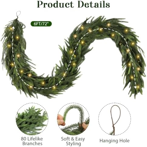 6FT Soft Touch Artificial Norfolk Pine Christmas Garland with Timer Lights - Image 6