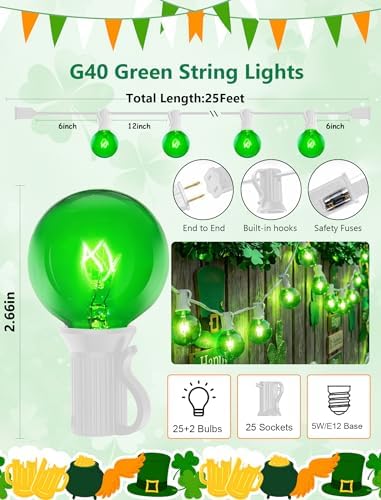 G40 Green St. Patrick’s Day Globe String Lights, 25Ft Outdoor St. Patrick’s Day Decorations Lights with 27 Green Incandescent Bulbs, Hanging Patio Lights Waterproof for Christmas Wedding Party Garden - Image 2