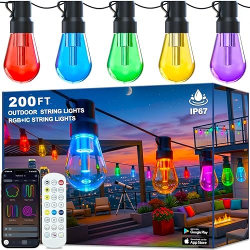 Outdoor String Lights,200FT Smart RGB+IC Patio Lights with Shatterproof LED Bulbs ,Outside Light Dimmable Patio for Decor DIY IP67 Waterproof ,Courtyard, garden,Holiday,LED lights more Scene Modes by AILBTON