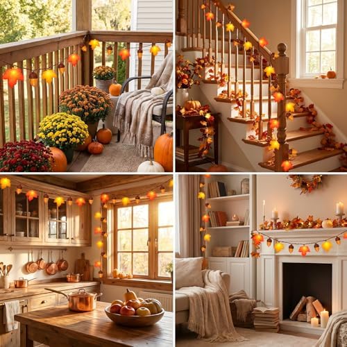 12 Ft Fall Decor Maple Leaves Acorn Lights String, Fall String Lights Plug in with 20 LED Yellow/Orange Maple Leaf Acorn Light for Home Porch Fireplace Autumn Harvest Party Thanksgiving Decor, 0.48W - Image 4