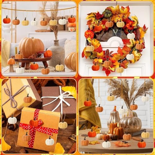 16 Pcs Fall Tree Ornaments, 2 in Velvet Pumpkin Hanging Ornaments - Image 7