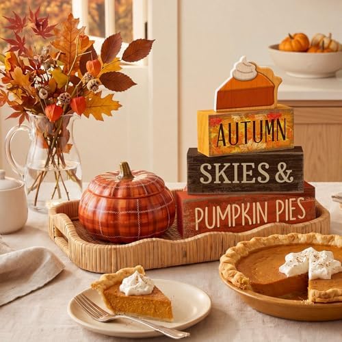 Lineshading 3 Pcs Fall Table Decor, Pumpkin Pie Wood Block Sign Home Tray - Image 3