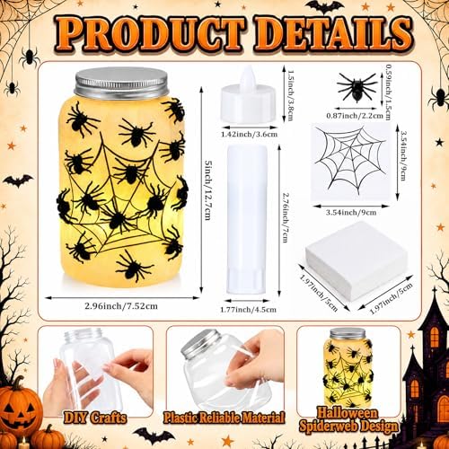 Qinyoung 12 Pcs Halloween Spiderweb Craft Spiders Mason Jars with LED Light - Image 2