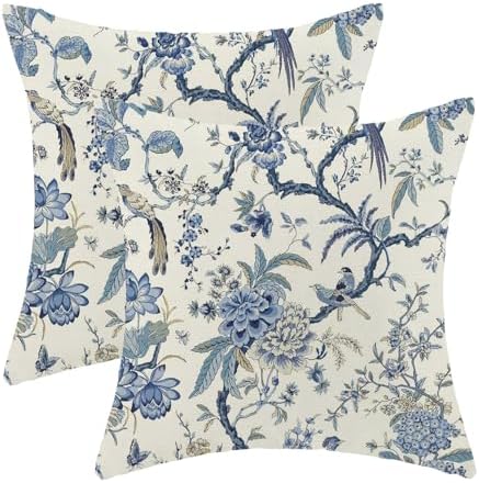 CXMEIFLY Spring Floral Birds Pillow Covers 16 x 16 Inch Set of 2 for Chinoiserie Flowers Decor Throw Pillows Blue and White Plant Outdoor Decorative Cushion Cases for Couch Bed Decorations by CXMEIFLY