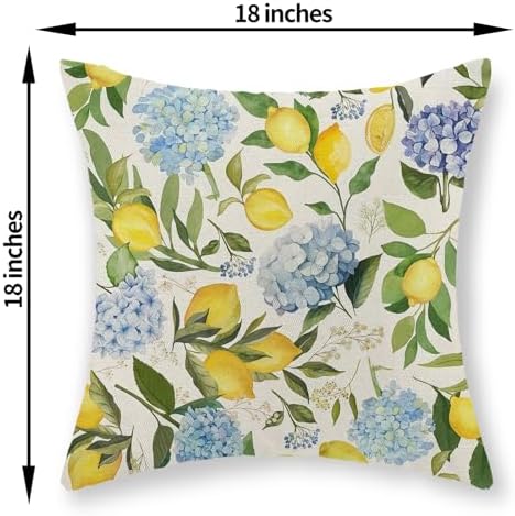 Blue Yellow Pillow Covers 18x18 Inch Set of 2 Lemon Flower Blue Hydrangea Floral Throw Pillows Seasonal Vintage Summer Outdoor Decorative Pillow Cases Decor Linen Cushion Cover for Couch Sofa - Image 2