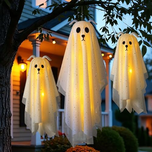 Halloween Decorations Outdoor, 3 Pack Lighted Dog Ghost Hanging Decor - Image 6