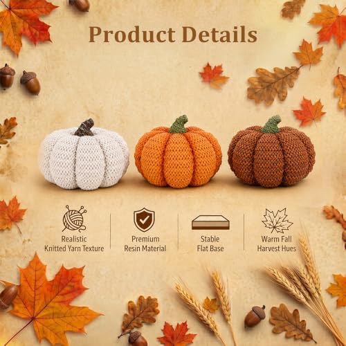 MEETYAMOR Fall Pumpkin Decor, 3 PCS Resin Pumpkins Figurines for Fall Decor, Rustic Knit Textured Pumpkins Fall Decorations for Home, Shelf, Table Centerpieces, Autumn, Thanksgiving Decor - Image 3