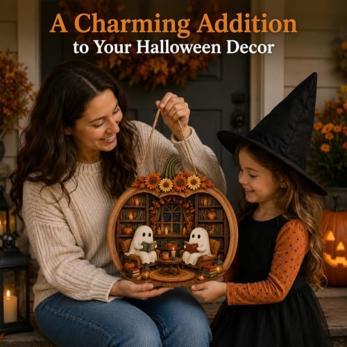 Halloween Pumpkin Book Stack Sign, Pumpkin Halloween Front Door Hanger, Spooky Wooden Sign for Indoor Outdoor Yard, Сute Ghost Home Decorations Signs - Image 6