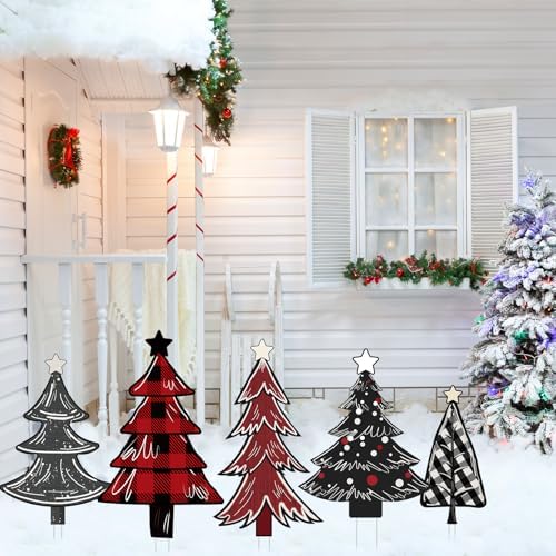 5 PCS Christmas Tree Yard Signs - Outdoor Lawn Sign Decorations with Stakes for Xmas Winter Party Porch Lawn Walkway Decor - Image 6