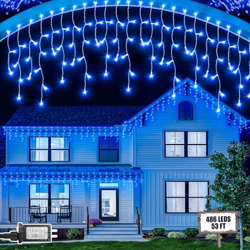 Christmas Lights Outdoor, 53 FT 486 LED Christmas Lights for Outside, Timer & Memory, Plug in 8 Modes Hanging Fairy Lights with 108 Drops for House Eaves Yard Patio Holidays Decorations, Blue by JIXXULVU