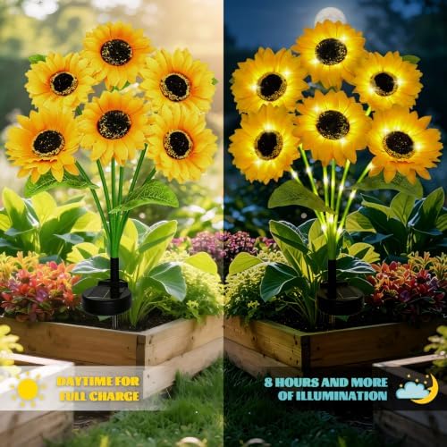 MorTime 4 Pack Solar Sunflower Lights, Outdoor Garden Waterproof Solar Lights with 24 Sunflower Lights for Patio Garden Backyard Holiday Yard Party Wedding Outdoor Spring Decor - Image 4