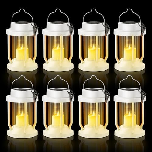 Solar Lantern Outdoor & Indoor Use – Hanging Solar Lights with Realistic Flickering Flameless Candle, Weatherproof for Gardens, Patios, Trees, and Lawns (White, 8 Pack) by Unknown