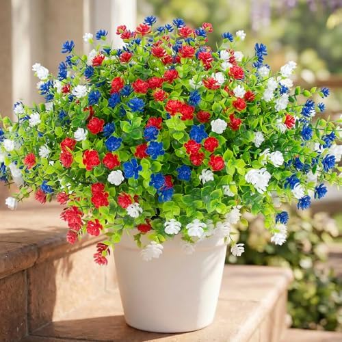 Hananona 48 Pcs Artificial Flowers Outdoor, Faux Artificial Plants UV Resistant Plastic Patriotic Flower Bulk for 4th of July Hanging Planter Porch Window Home Summer Decor (48, Red, White, Blue) - Image 7