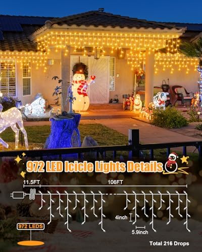 106 FT Christmas Lights Outdoor, 972 LED Waterproof Outside Christmas Lights Plug in, Connectable 8 Modes Hanging Fairy Lights with 216 Drops for House Eaves Yard Patio Wedding Decoration, Warm White - Image 5