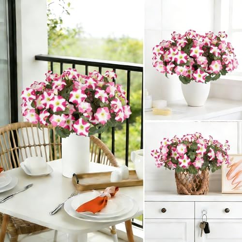 Artificial Flowers for Outdoors, Faux Petunias Spring Summer Decoration, Fake Flowers Plants UV Resistant Look Real Silk Flowers for Outside Planter Front Door Porch Patio Yard (6, Pink-White) - Image 4