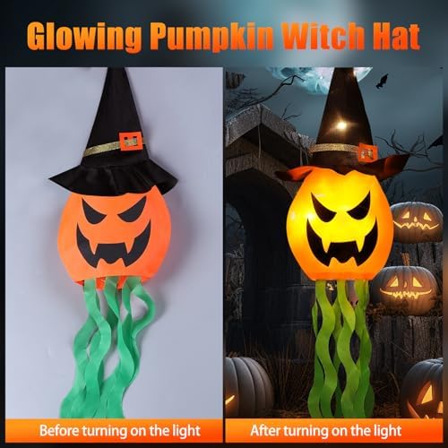 Cuorung Halloween Decorations Outdoor Decor Hanging Lighted Glowing Pumpkin Witch Hat with 3 Modes Lighted Up Scary Orange Halloween Decorations for Indoor Outside Party Yard Tree Garden (4Pcs) - Image 4