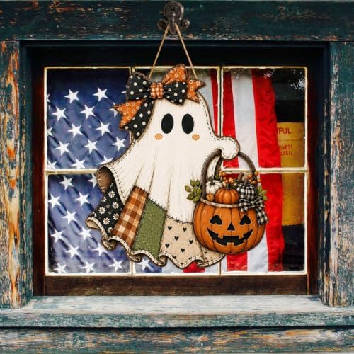 Cute Bow Ghost Door Sign Wooden Halloween Door Hanger Pumpkin Porch Decor - Image 7