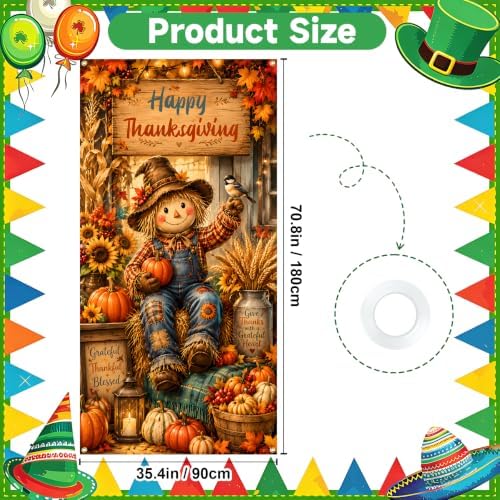 NYZE Happy Thanksgiving Scarecrow Door Cover, Fall Harvest Pumpkin Sunflower Door Banner, Autumn Maple Leaf Farmhouse Porch Decor for Thanksgiving Indoor Outdoor - Image 2