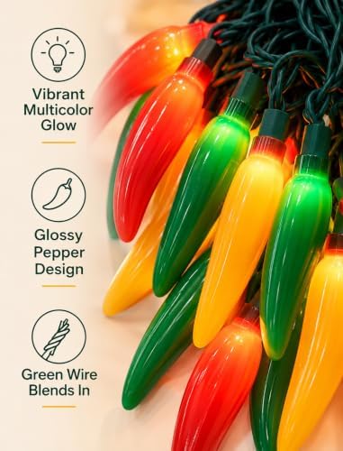 Multicolor Chili Pepper Lights, 13.6Ft Christmas Decorative String Lights with 35 Red Green Yellow Chili Light, Connectable Chili Pepper Lights for Outdoor Indoor Xmas Party Kitchen Garden - Image 2