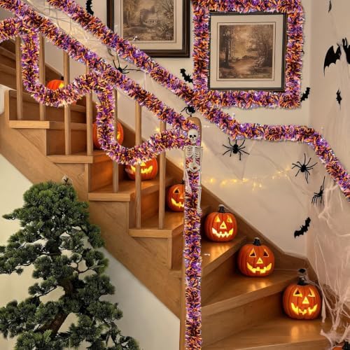 50FT Halloween Garland Halloween Decorations Garlands- Shiny Tinsel Garland for Mantle, Tree, Stairs, Doorway, Party (Orange Purple Black) - Image 4