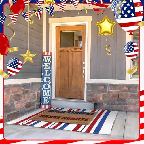 Duraaamo 2 Pcs 4th of July Natural Coir Door Mat Outdoor Red Blue White Welcome Rug Patriotic Mat Non-Slip Independence Day 4th July Indoor Entrance Outside Porch Front Decor - Image 4