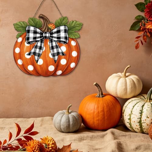 Harooni Fall Pumpkin Front Door Sign Rustic Pumpkin Thanksgiving Door Decorations Wood Sign Autumn Harvest Wreath Door Hanger Buffalo Plaid Bow Plaques Wall Hanging Decor for Home Proch Yard 11"x11" - Image 5