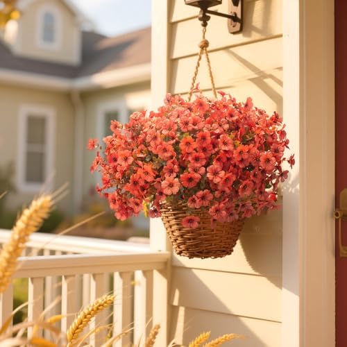 Grunyia Fall Outdoor Artificial Flowers 16 Bundles - UV Resistant Faux Daisy with Eucalyptus Leaves, Weatherproof Fake Plants for Porch, Patio, Garden Decor, Indoor Outdoor Decor (Fall Orange Red) - Image 6