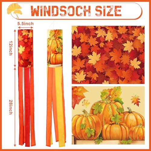 NOVWANG 2 Pieces 40 Inch Fall Windsocks，Pumpkin Maple Leaf Wind Socks for Outside Decor Hanging Flag for Home Garden Yard Wall Balcony Decoration - Image 2