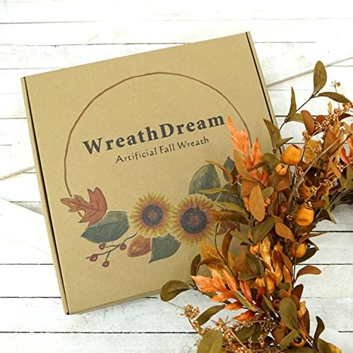 WreathDream 20'' Fall Wreath Autumn Wreath for Front Door with Small Pumpkins and Oak Leaves for Thanksgiving Halloween Home Outdoor Farmhouse Porch Wall Window Decoration,Brown Gift Box Included - Image 2