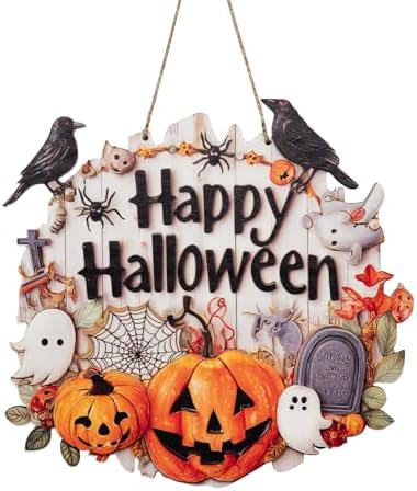 Halloween Decoration Wood Door Plaque - Rustic 9.2x8.8 Inch Handcrafted Sign with Raised Pumpkins, Ravens & Ghosts, Spider Web Design for Porch Wall Decor. Layered Artisan Craft. Halloween Party Outdoor indoor Supply by Unknown