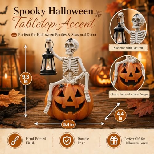 Halloween Outdoor Decorations Solar Lighted Skeleton Pumpkin Statue with Lantern 9.3 Inch Resin Jack O Lantern Yard Decor Halloween Skeleton Decoration for Porch Patio Garden Lawn - Image 5