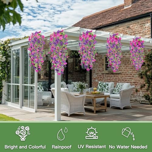 Artificial Flowers for Outdoors Fake Morning Glory Hanging Flower Decoration, 4 Pcs Realistic Faux Plants Petunias Trailing Vines, Spring Decor for Porch Patio Balcony Planter Yard(Purple+Fuchsia) - Image 6