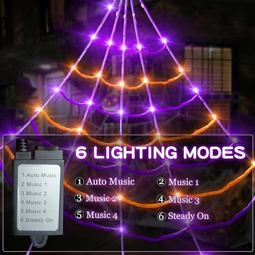 [Motion Activated Lighting&Speaking] 20 * 17FT Halloween Spider Web 150 Led Purple&Orange Lights Light Up Lighted Triangular Giant Waterproof with 200sqft Cobweb for Outdoor Decor Yard Decoration - Image 4