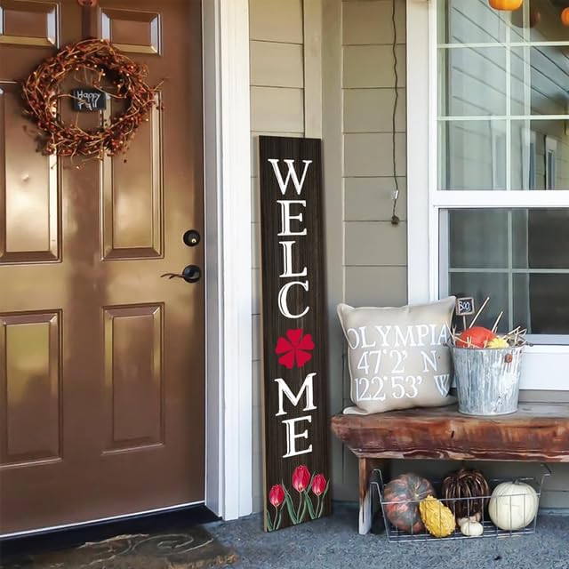 Spring Welcome Red Flower Porch Board 20x120cm Welcome Sign and Porch Leaner for Front Door Porch Deck Wall Indoor Outdoor Spring & Summer Rustic Vertical Porch Yard Decor - Image 2