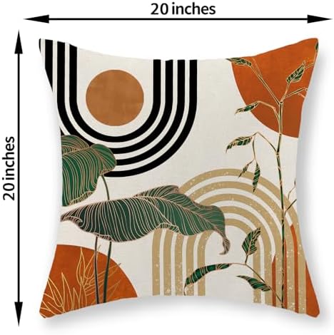 Boho Orange Pillow Covers 20x20 Set of 2 Gold Green Leaf Tropical Mid Century Throw Pillows Outdoor Bohemian Abstract Modern Decorative Pillowcase Farmhouse Cushion Case for Couch Sofa Decor - Image 2
