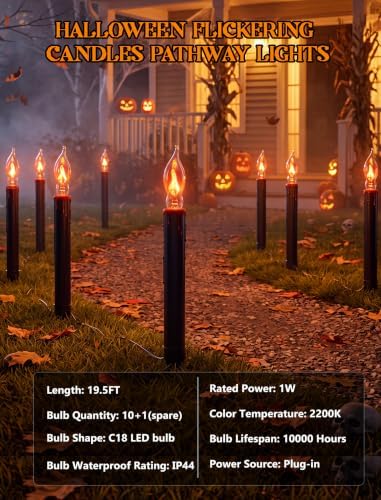 Halloween Pathway Lights Outdoor, 19.5Ft Halloween Pathway Marker String Lights with 10 C18 Flicker Flame Black Candles Stakes Lights Plug in Walkway Light for Lawn Garden Sidewalk Driveway - Image 6