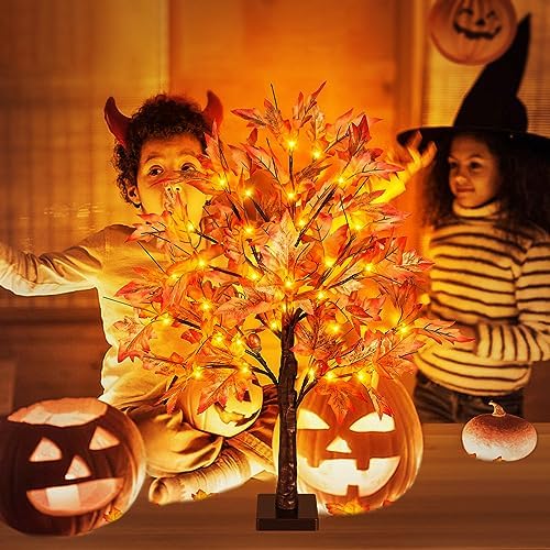 Remon 24 Inch Lighted Fall Maple Tree - 2FT Thanksgiving Tabletop Lamp Decor with 36 LED Lights, 72 Maple Leaves, 6 Acorns, Timer, Burlap Base, Battery Operated Fall Artificial Tree for Indoor - Image 7