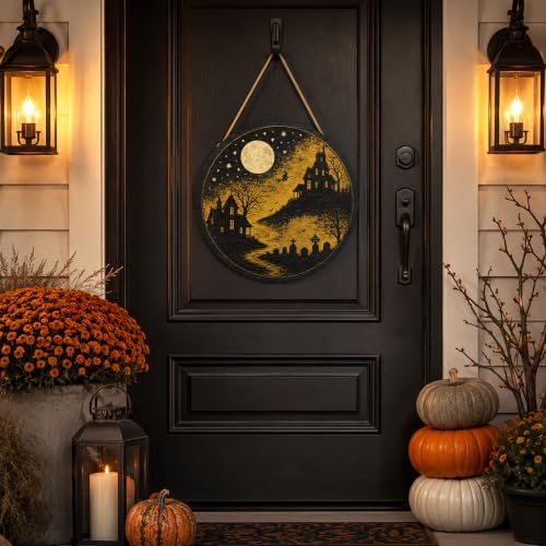 Gothic Halloween Decoration Wooden Sign, Autumn Moon Halloween Front Door Hanger, Spooky Image Wooden Sign for Indoor Outdoor Yard, Gothic Home Decorations - Image 3