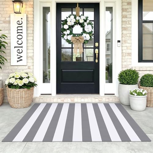 KOZYFLY Striped Rug 3x5 ft Cotton Woven Front Door Rugs, Gray and White by KOZYFLY