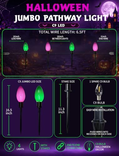 Halloween C9 Oversized Pathway Lights, 4 Pack LED Purple/Green Stakes - Image 2