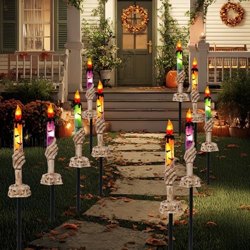Hourleey Halloween Decorations, 10 Pack Skull Candle Lights with Stakes, Battery Operated Waterproof Pathway Decor with Timer for Indoor Outdoor Front Pathway Lawn Yard Garden - Image 2