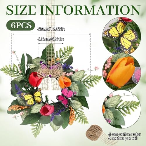 6 PCS Spring Lavender Tulips Hanging Wreaths for Kitchen Cabinets Artificial Small Floral Wreaths for Front Door with Butterfly Spring Summer Mini Wreath for Home Farmhouse Window Porch Wall Decor - Image 3