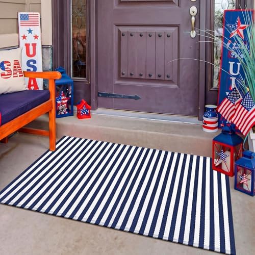 Moucuny 3' X 5' Wide Navy and White Patriotic Vertical Stripe Outdoor Rug - Image 6