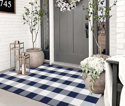 Blue White Outdoor Rug 3'x5' Fall Buffalo Plaid Layering Front Porch Rug - Image 7