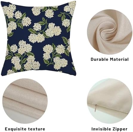 Navy Blue Spring Pillow Covers 24x24 Inch 2 Pcs Green Yellow Hydrangea Flower Decor Throw Pillows Vintage Floral Seasonal Summer Outdoor Decoration Pillowcase Linen Cushion Cover for Couch Sofa - Image 7
