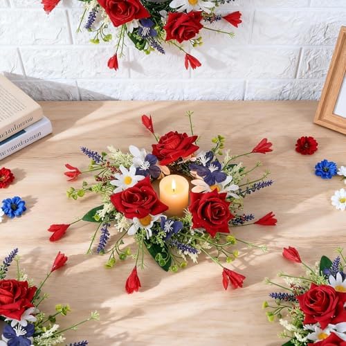 4 Pcs Patriotic Red White Blue Candle Rings, 3 Inch Pillars Candle Wreaths for Veterans Day, 4th of July, Independence Day, American Floral Rings for Table, Window, Door Decor - Image 2