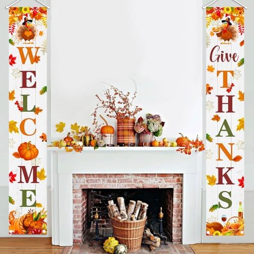 MEHOFOND Give Thanks Porch Banner Sign, Fall Welcome Maple Leaves Thanksgiving Door Decorations, Board Wall Hanging Farmhouse Supplies, Thanksgiving Porch Decor Outdoor for Home Office Holiday - Image 3