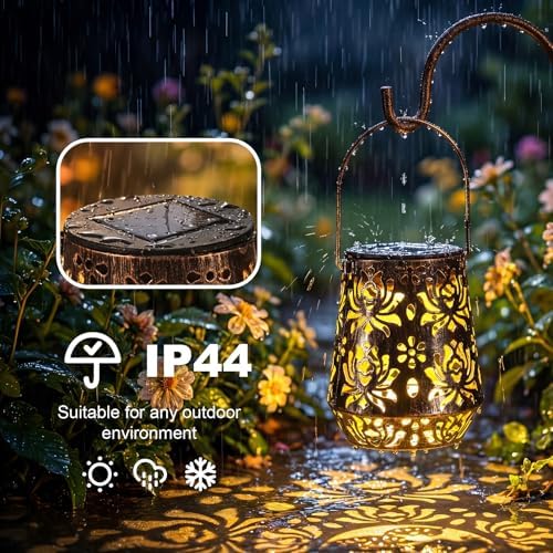 Edenseelake 2 Pack Solar Hanging Lanterns Outdoor Waterproof, Metal Flower Solar Lights, Decorative LED Lantern for Garden, Patio, Porch, Yard, Lawn, Bronze - Image 4