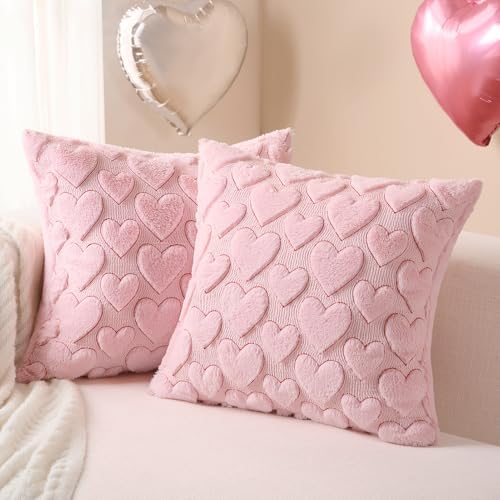 Softalker Pink Heart Pillow Covers 20 x 20 Inch Set of 2, Spring Summer Soft Faux Fur Cushion Covers, 3D Embroidered Pillow Cases for Sofa, Couch, Bedroom - Image 2