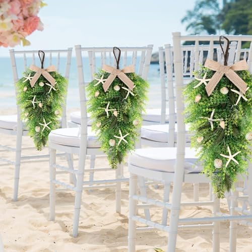 2 Pcs 24"Coastal Teardrop Swag Beach Seashell Starfish Wreath with Green Leaves for Front Door Wedding Farmhouse Starfish Conch Shells Wreath for Indoor Outdoor Spring Summer All Seasons Home Decor ﻿ - Image 4